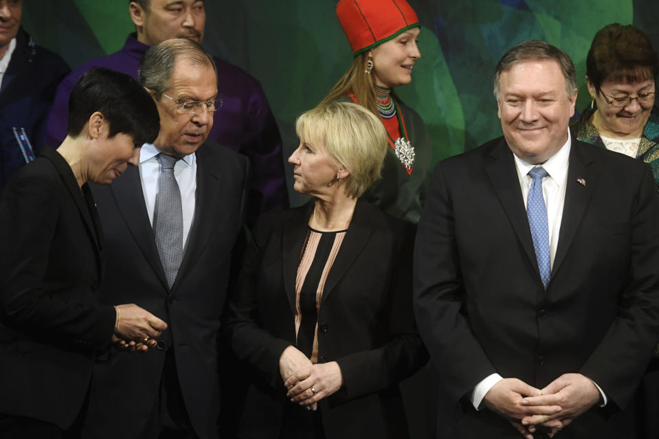 From left, Norwegian Foreign Minister Ine Marie Eriksen Soreide, Russia's Foreign Minister Sergey Lavrov, Sweden's Foreign Minister Margot Wallstrom and US Secretary of State Mike Pompeo stand for a group photo, during the Arctic Council Ministerial Meeting in Rovaniemi, Finnish Lapland, Tuesday, May 7, 2019. (Vesa Moilanen/Lehtikuva via AP)