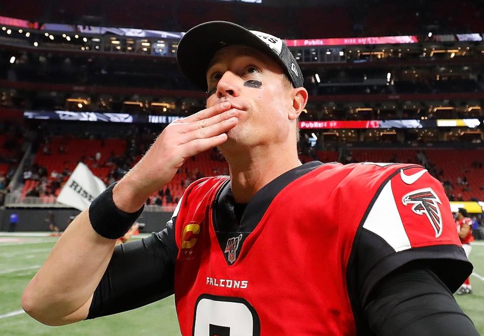 ATLANTA, GEORGIA - DECEMBER 22:  Matt Ryan #2 of the Atlanta Falcons reacts after their 24-12 win over the Jacksonville Jaguars at Mercedes-Benz Stadium on December 22, 2019 in Atlanta, Georgia. (Photo by Kevin C. Cox/Getty Images)
