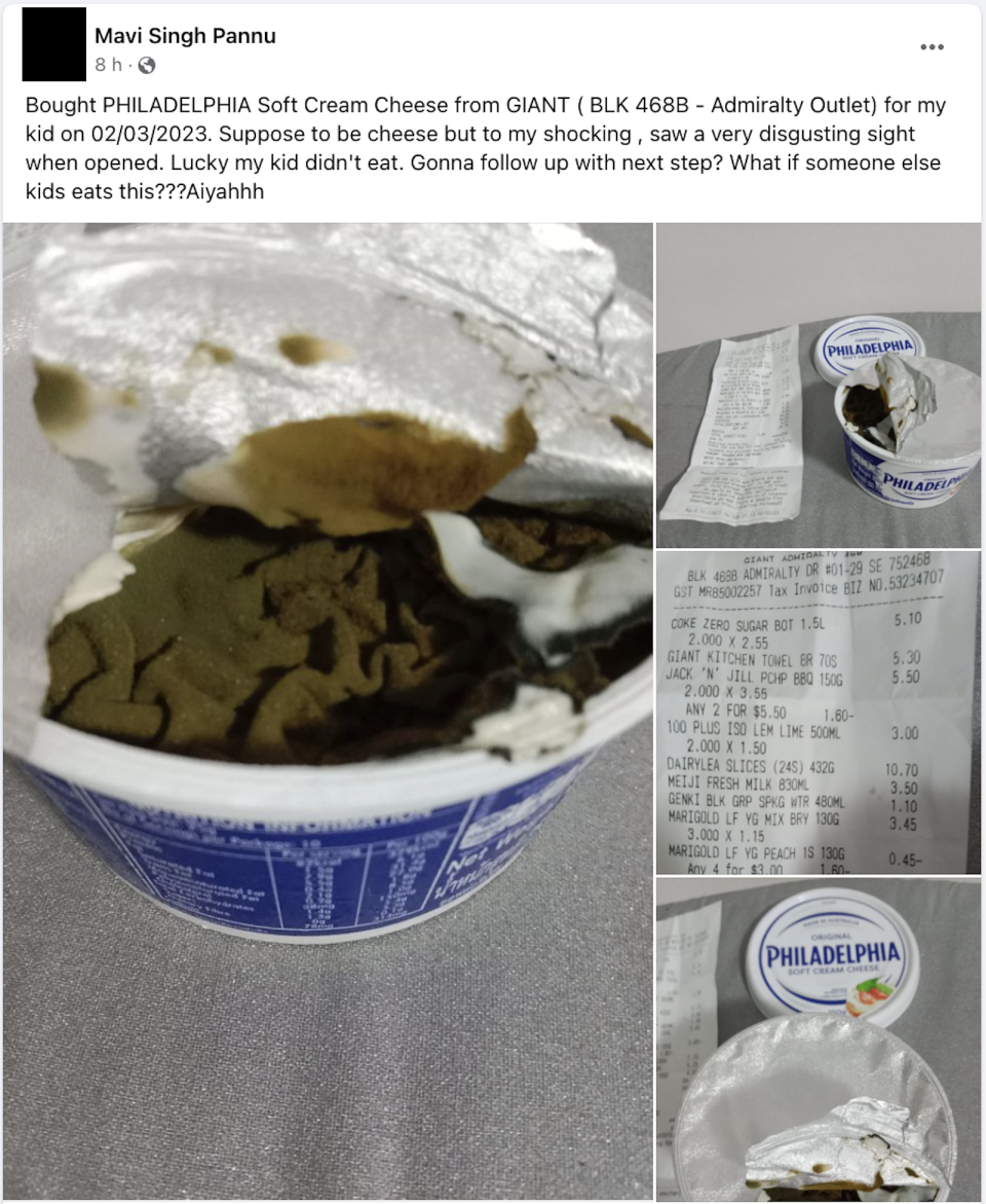 Mavi Singh Pannu shared on Facebook on Friday that he had purchased the Philadelphia Soft Cream Cheese spread from Blk 468B Admiralty Drive's Giant outlet on Thursday. (PHOTO: FB/Mavi Singh Pannu)
