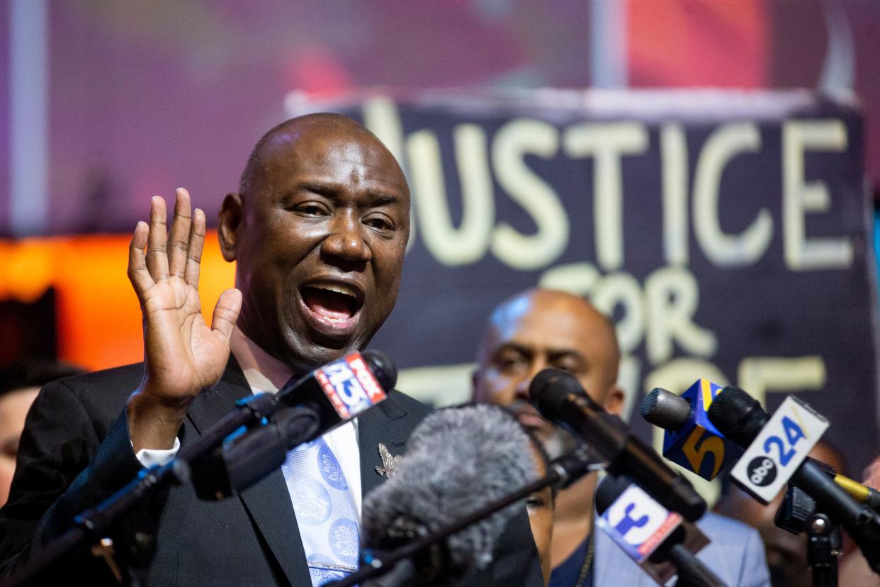 Civil rights attorney Ben Crump speaks at a press conference while holding up five fingers for the five former Memphis Police Department officers involved in the death of Tyre Nichols after the Department of Justice announced that an indictment is pending in federal court for the five officers in Memphis, Tenn., on Tuesday, September 12, 2023.