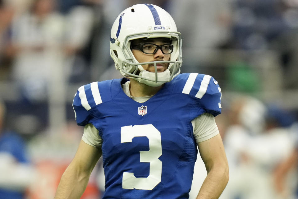 Indianapolis Colts place kicker Rodrigo Blankenship (3) during the second half of an NFL football game against the Houston Texans, Sunday, Sept. 11, 2022, in Houston. (AP Photo/Eric Christian Smith)