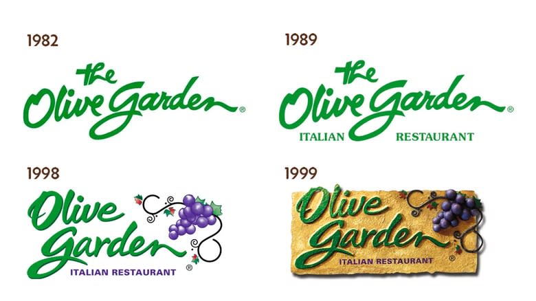 four previous Olive Garden logos