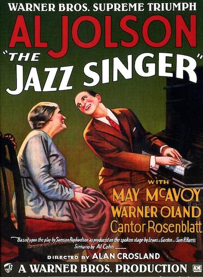 Poster for the 1927 movie ‘The Jazz Singer,’ featuring actors Eugenie Besserer and Al Jolson. The movie was the first film that included sound. <a href="https://commons.wikimedia.org/wiki/Category:The_Jazz_Singer_(1927_film)#/media/File:The_Jazz_Singer_1927_Poster.jpg" rel="nofollow noopener" target="_blank" data-ylk="slk:Wikimedia Commons;elm:context_link;itc:0;sec:content-canvas" class="link ">Wikimedia Commons</a>