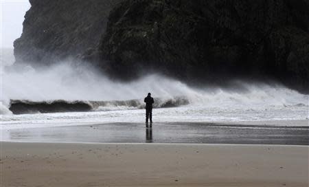 A man stands on Castle Beach, Tenby, Pembrokeshire, Wales, February 14, 2014. REUTERS/Rebecca Naden