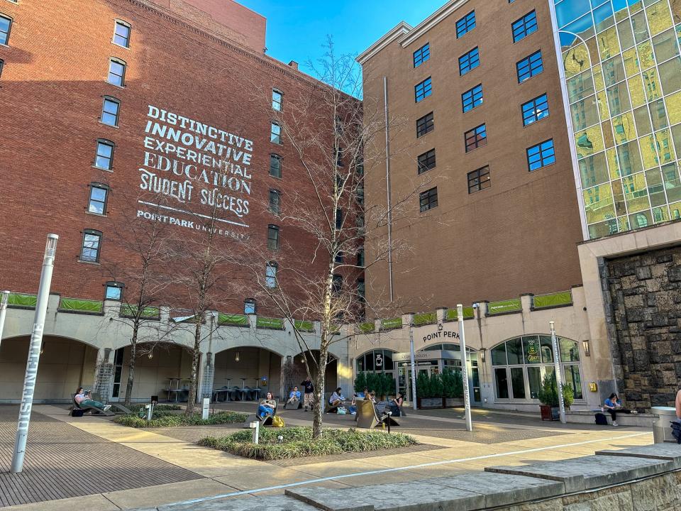 A courtyard at Point Park University, which is located along Pittsburgh's Boulevard of the Allies and Wood Street. The university is located in several historic buildings around this spot.