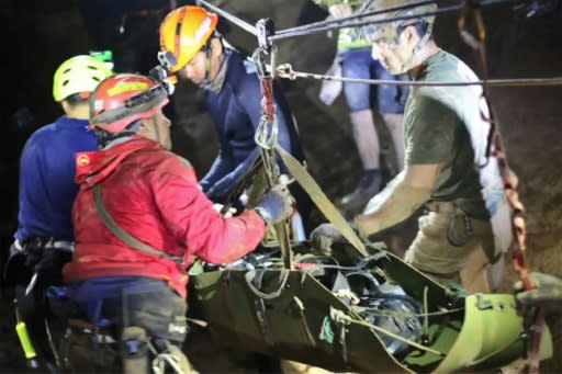 The boys were stretchered along the passageways of the cave complex using a system of ropes and pulleys