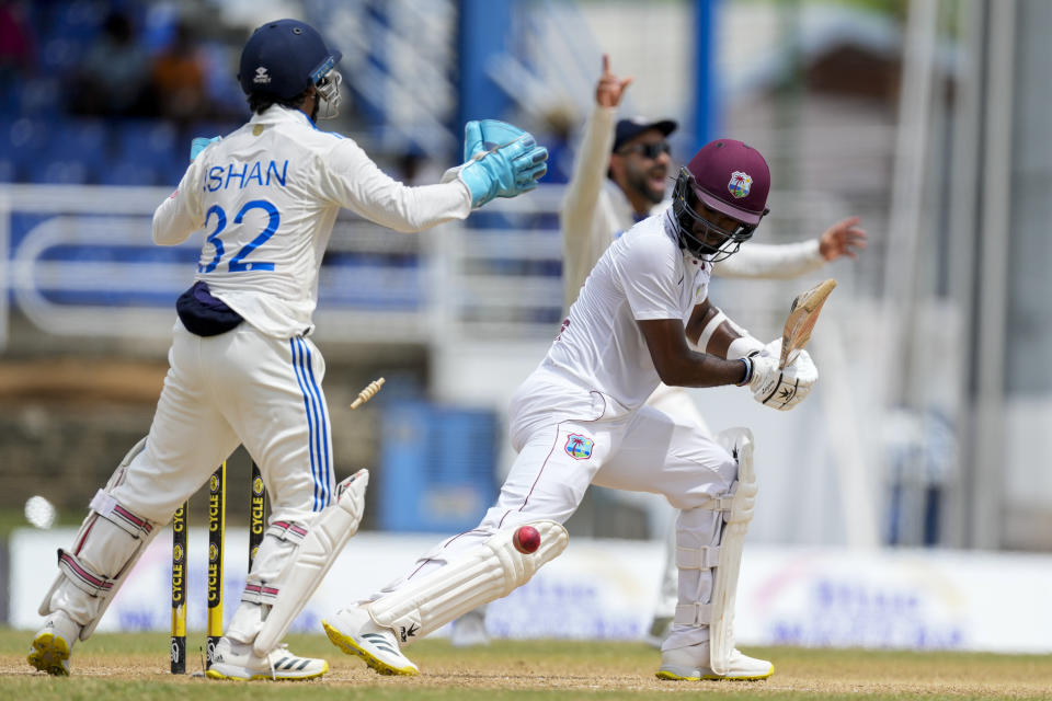 West Indies' capitan Kraigg Brathwaite is bowled by India's Ravichandran Ashwin on day three of their second cricket Test match at Queen's Park in Port of Spain, Trinidad and Tobago, Saturday, July 22, 2023. (AP Photo/Ricardo Mazalan)