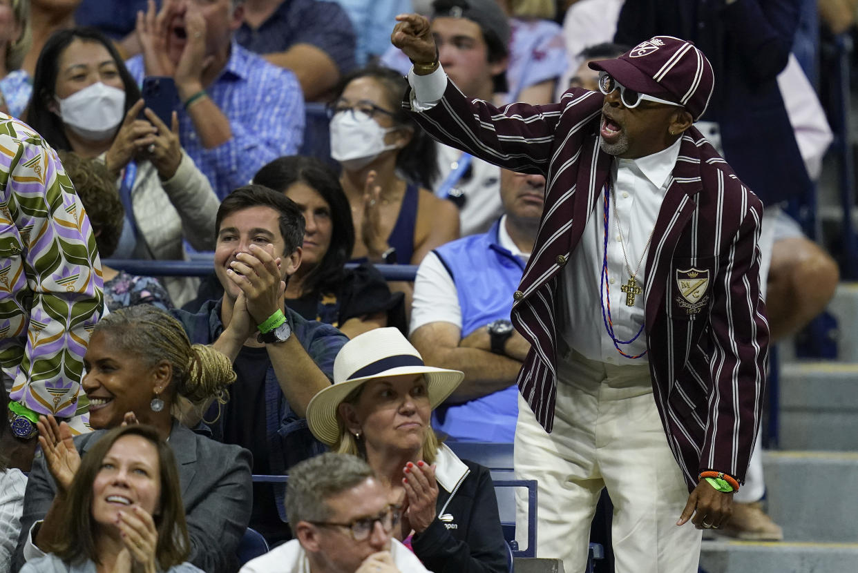 Spike Lee cheers on Serena Williams, of the United States, during her match against Ajla Tomljanovic, of Austrailia, during the third round of the U.S. Open tennis championships, Friday, Sept. 2, 2022, in New York. (AP Photo/Charles Krupa)