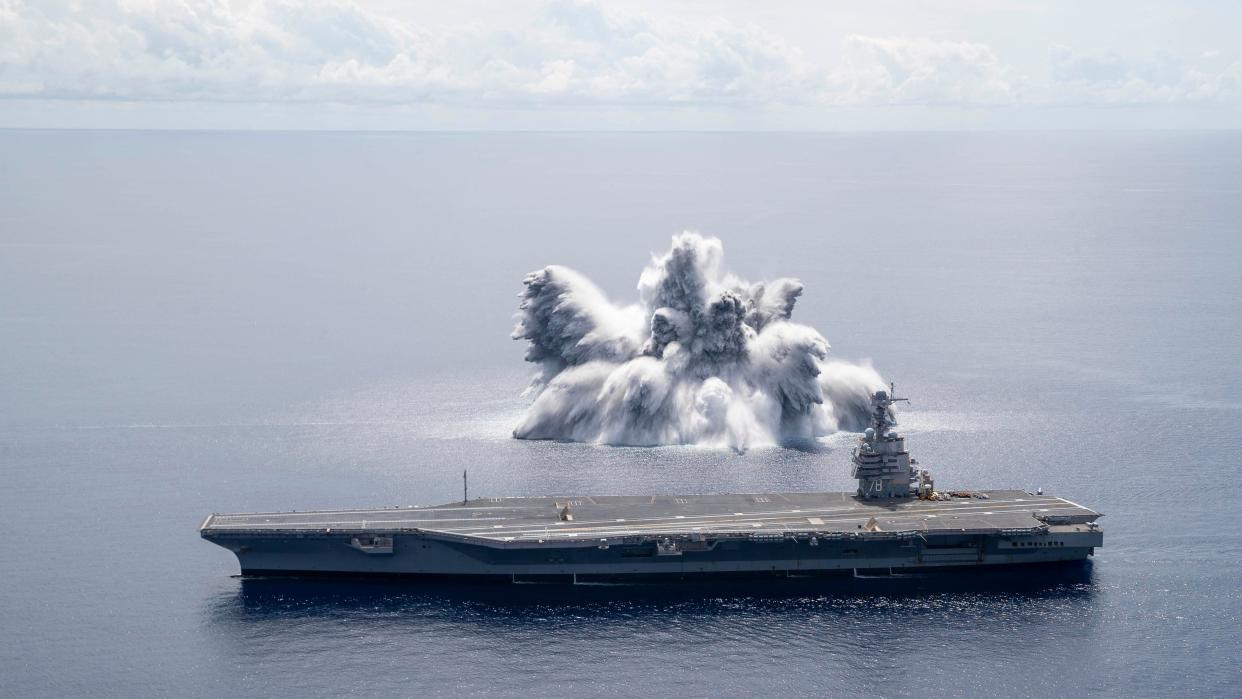 In this handout image courtesy of the US Navy the aircraft carrier USS Gerald R. Ford (CVN 78) completes the first scheduled explosive event of Full Ship Shock Trials on 18 June (US NAVY/AFP via Getty Images)