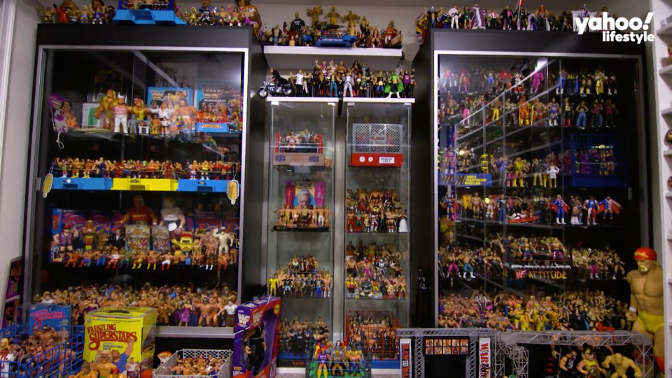 Thousands and thousands of toys are displayed in Matt Cardona's toy room. 