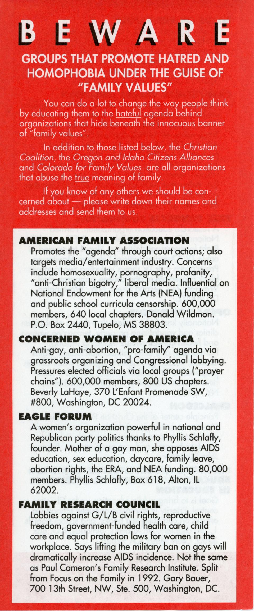A brochure distributed by the national PFLAG organization outlines different anti-LGBTQ organizations.