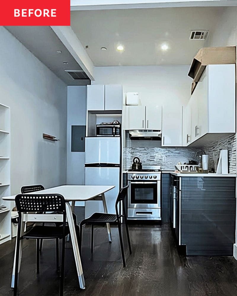 Before: a kitchen with white cabinets and a rectangular table in the middle of the room