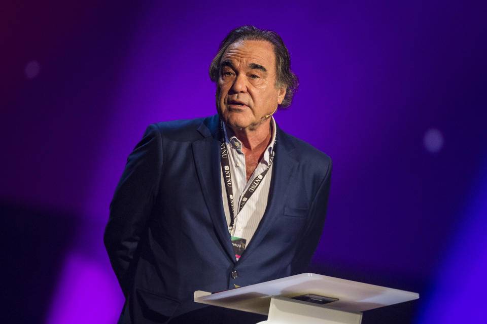 Oliver Stone gives a speech during the Starmus Festival in Trondheim, Norway, on June 21, 2017.