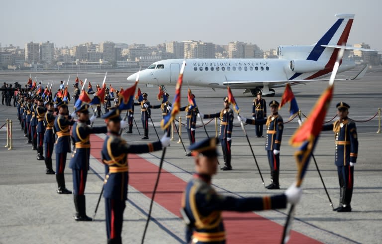 The plane of French President Francois Hollande arrives in the Egyptian capital Cairo on April 17, 2016