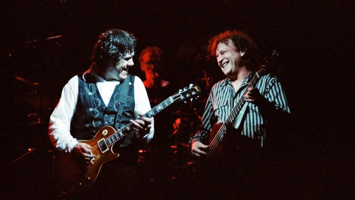  Photo of Jack BRUCE and BBM and Ginger BAKER and Gary MOORE; L-R: Ginger Baker (drums), Gary Moore, Jack Bruce performing live onstage. 