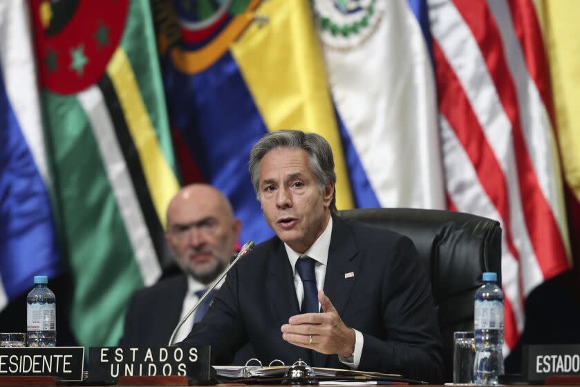 U.S. Secretary of State Antony J. Blinken addresses the 52nd OAS General Assembly in Lima, Peru, Thursday, Oct. 6, 2022. (AP Photo/Guadalupe Pardo)