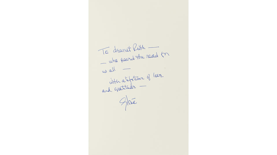 First edition of Gloria Steinem’s “My Life on the Road,” signed and inscribed to Ruth Bader Ginsburg. - Credit: Bonhams