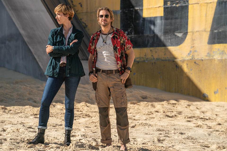 Rebecca Hall’s Dr. Ilene Andrews and Dan Stevens’ Trapper in <em>Godzilla x Kong: The New Empire</em>