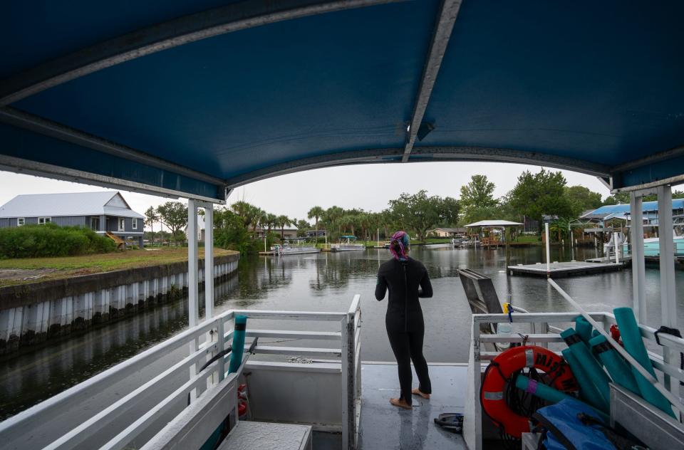 Sara Newman, a swim guide with River Ventures, looks for manatees in Kings Bay on August 18, 2023.