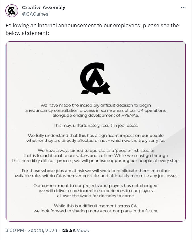 A statement from Creative Assembly.