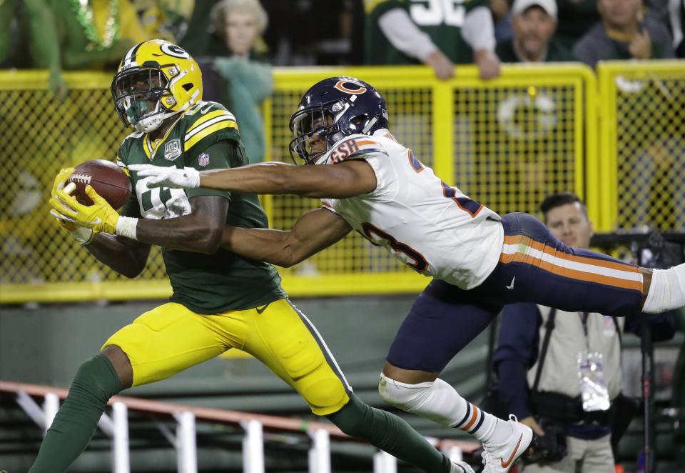 Geronimo Allison got the comeback started for Green Bay, cooking Kyle Fuller for a long TD. He’s seeing plenty of targets in a great offense, which makes him a pickup of interest to fantasy players. (AP Photo/Jeffrey Phelps)