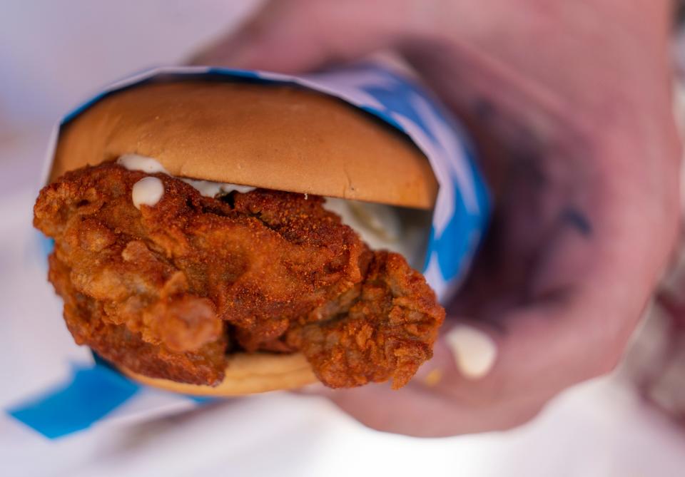 A hot sando, Indianapolis, Friday, May 13, 2022, at the soft opening of World Famous Hotboys, a California chain serving Nashville-style hot chicken. 