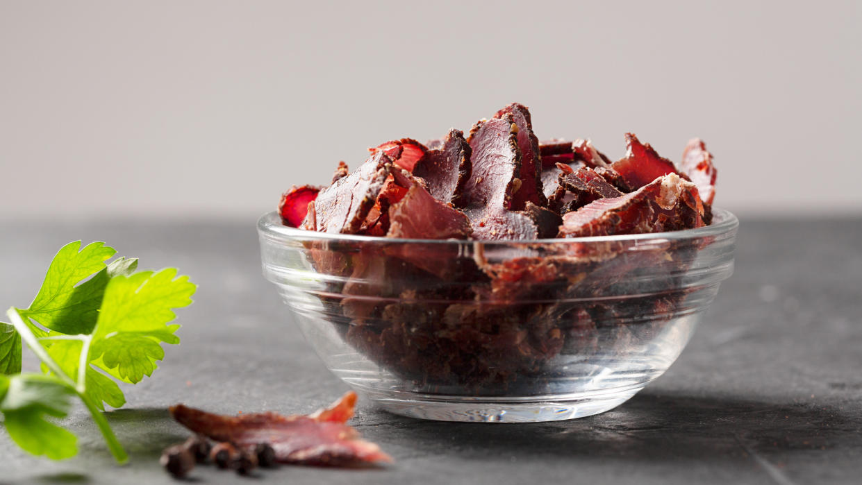  Bowl of beef jerky. 