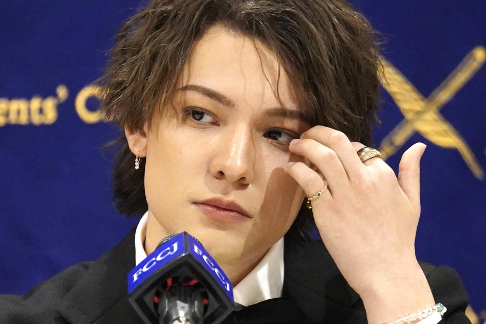 FILE -Kauan Okamoto, a musician and former member of Japanese pop group Johnny's Jr., speaks during a press conference at the Foreign Correspondents' Club of Japan Wednesday, April 12, 2023, in Tokyo. Okamoto claimed he was sexually assaulted by Johnny Kitagawa, founder of Johnny's talent agency, when he was a teenager. Julie Keiko Fujishima, the current head of the major Japanese boys-group talent agency, released a YouTube video late Sunday, May 14, 2023, apologizing for the sexual abuse allegedly perpetrated by her predecessor and promised to prevent a recurrence. (AP Photo/Eugene Hoshiko, File)