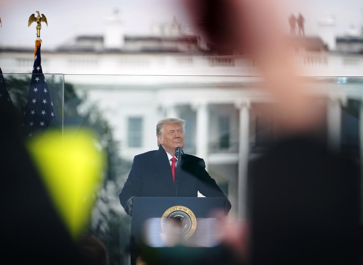 US President Donald Trump speaks to supporters from The Ellipse near the White House on January 6, 2021, in Washington, DC. - Thousands of Trump supporters, fueled by his spurious claims of voter fraud, are flooding the nation's capital protesting the expected certification of Joe Biden's White House victory by the US Congress. (Photo by MANDEL NGAN / AFP) (Photo by MANDEL NGAN/AFP via Getty Images)