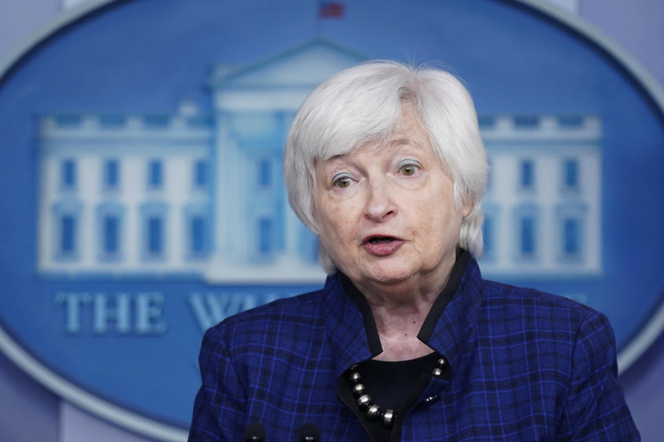 FILE - In this file photo dated Friday, May 7, 2021, U.S. Treasury Secretary Janet Yellen speaks during a press briefing at the White House, in Washington, USA. The Biden administration is pushing for agreement on a global minimum tax. The proposal from President Biden and Treasury Secretary Janet Yellen calls for at least a 15 percent rate to deter companies from using legal and accounting techniques to shift profits to low-tax countries. The proposal has given new energy to international talks being held in Paris and raised hopes of a deal by July. (AP Photo/Patrick Semansky, File)