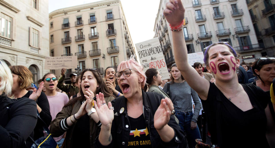 Photo of crowd of protestors after verdict of five men who raped an 18-year-old in Barcelona in 2016.