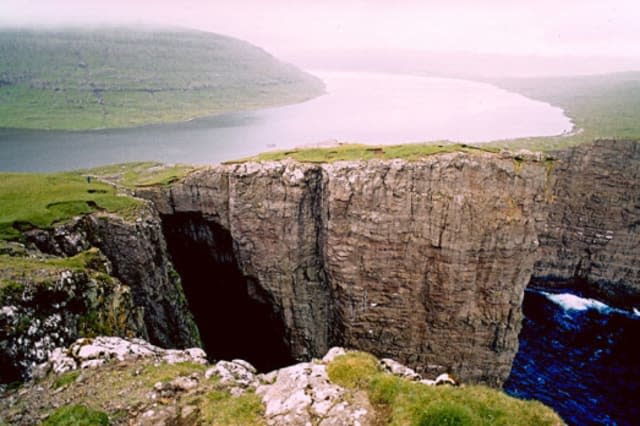 Optical illusion lake Faroe Islands