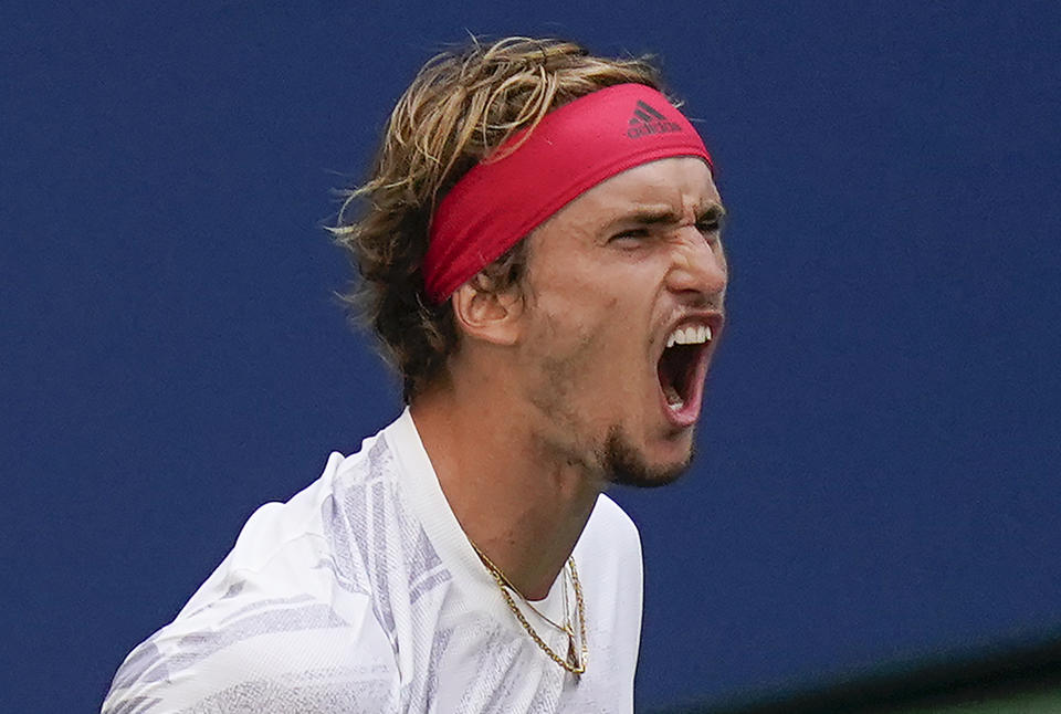 Alexander Zverev, of Germany, reacts during a match against Borna Coric, of Croatia, 147during the quarterfinals of the US Open tennis championships, Tuesday, Sept. 8, 2020, in New York. (AP Photo/Seth Wenig)