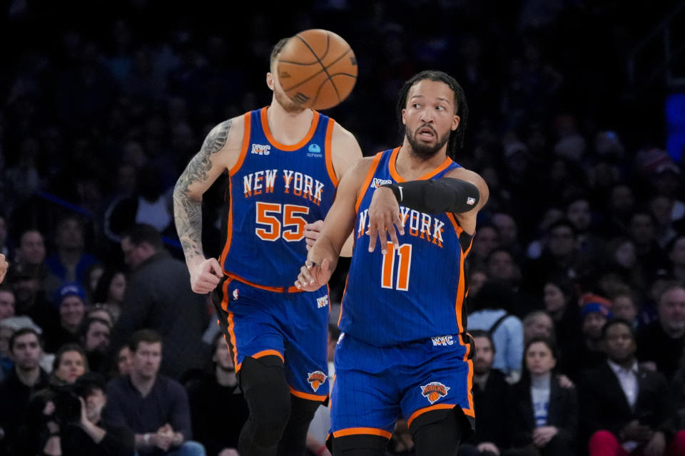 New York Knicks guard Jalen Brunson (11) passes the ball during the first half of an NBA basketball game against the Toronto Raptors in New York, Saturday, Jan. 20, 2024. (AP Photo/Peter K. Afriyie)