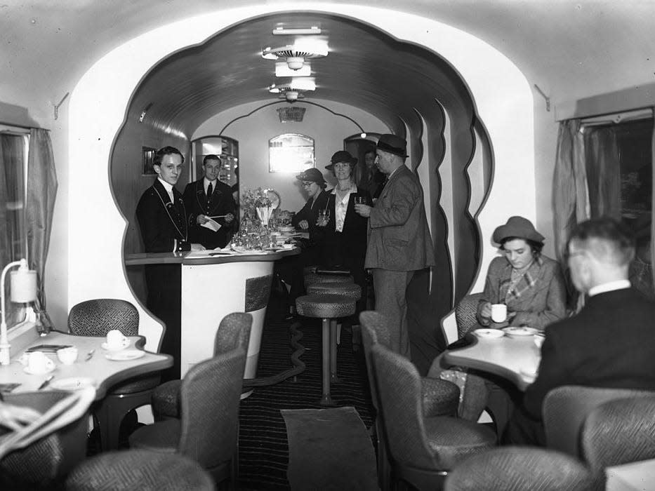 A corridor buffet car on show at Waterloo station in London in 1938.