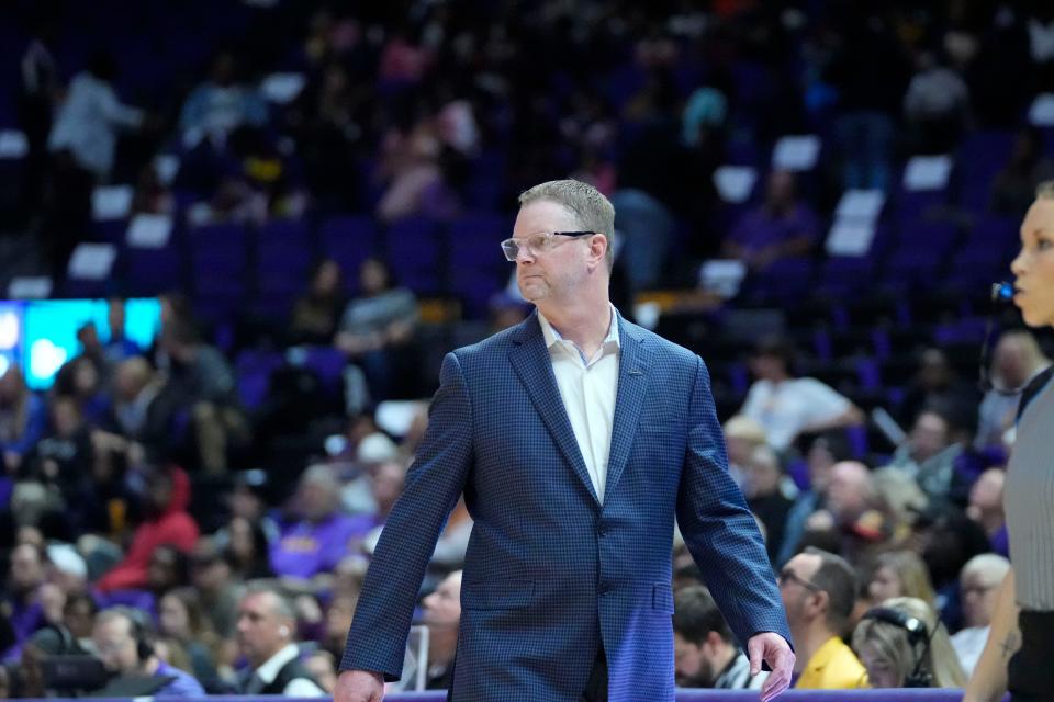 Kent State head coach Todd Starkey walks along the bench in the second half against LSU in Baton Rouge, La., Tuesday, Nov. 14, 2023.