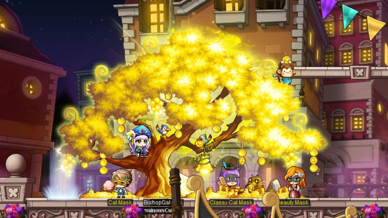  MapleStory screenshot - players standing around a golden tree on a fantasy harbourfront. 