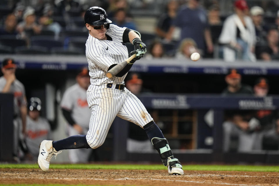 New York Yankees' Harrison Bader hits a three-run home run during the eighth inning of a baseball game against the Baltimore Orioles, Monday, July 3, 2023, in New York. (AP Photo/Frank Franklin II)