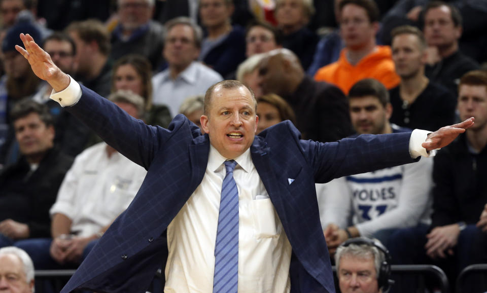 Minnesota Timberwolves head coach Tom Thibodeau directs his team against the Orlando Magic in the second half of an NBA basketball game Friday, Jan. 4, 2019, in Minneapolis. (AP Photo/Jim Mone)