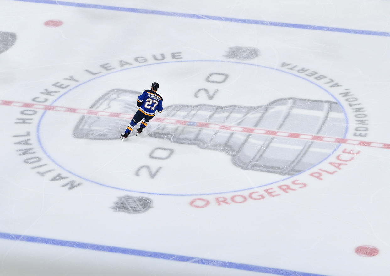 EDMONTON, ALBERTA - AUGUST 14:  Alex Pietrangelo #27 of the St. Louis Blues skates through center ice in the first period of Game Two of the Western Conference First Round of the 2020 NHL Stanley Cup Playoff between the Vancouver Canucks and the St. Louis Blues at Rogers Place on August 14, 2020 in Edmonton, Alberta. (Photo by Andy Devlin/NHLI via Getty Images)