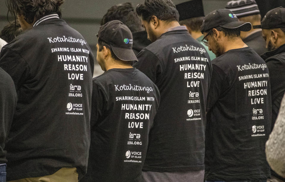 Men attend Friday prayers in Christchurch, New Zealand, Friday, March 13, 2020. Events to mark the death of 51 people who were killed and dozens more injured when a gunman attacked two mosques in Christchurch March 15, 2019 begin Friday. (John Kirk-Anderson/Pool Photo via AP)