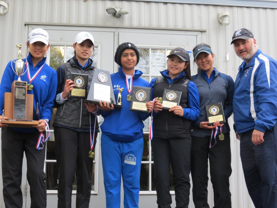 Holy Angels won Big North, Bergen County and North sectional titles in 2022. From left: Angelina Kim, Amelia Shen, Sharanya Agarwal, Inha Jun, Sidney Chung, and coach Patrick Dunne.