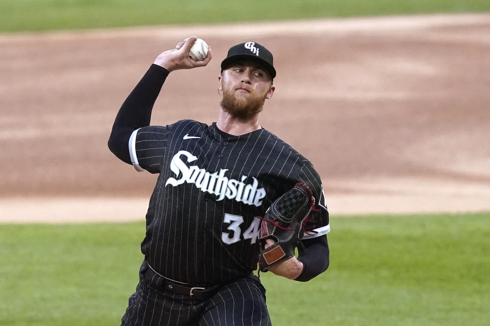 Chicago White Sox starting pitcher Michael Kopech delivers during the first inning of a baseball game against the Cleveland Guardians Monday, May 9, 2022, in Chicago. (AP Photo/Charles Rex Arbogast)