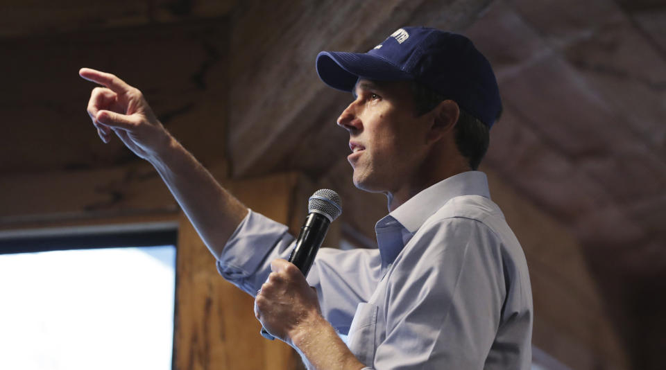 Democratic presidential candidate and former Texas Congressman Beto O'Rourke addresses a gathering at a campus library during a campaign stop at Colby-Sawyer College in New London, N.H., Friday, May 10, 2019. (AP Photo/Charles Krupa)
