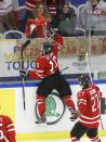 Canada's Nic Petan (19) celebrates after scoring the game winning goal against Slovakia during the third period of their IIHF World Junior Championship ice hockey game in Malmo, Sweden, December 30, 2013. REUTERS/Alexander Demianchuk (SWEDEN - Tags: SPORT ICE HOCKEY)