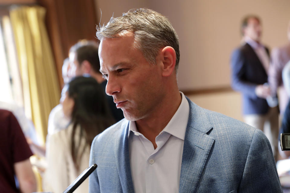 Chicago Cubs general manager Jed Hoyer speaks during a media availability during the Major League Baseball general managers annual meetings Tuesday, Nov. 12, 2019, in Scottsdale, Ariz. (AP Photo/Matt York)