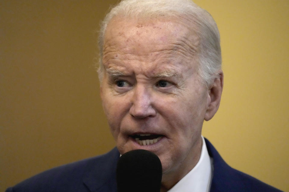 President Biden speaks at the "Sunday Lunch" event at the Brookland Baptist Banquet Center, part of the Brookland Baptist Church, in West Columbia, S.C., on Sunday, Jan. 28, 2024. (AP Photo/Jacquelyn Martin)