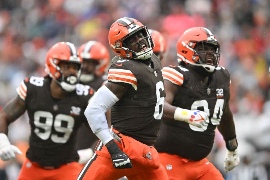 CLEVELAND, OHIO – DECEMBER 17: Jeremiah Owusu-Koramoah #6 of the Cleveland Browns celebrates a tackle for a loss during the first half of a game against the Chicago Bears at Cleveland Browns Stadium on December 17, 2023 in Cleveland, Ohio. (Photo by Nick Cammett/Getty Images)