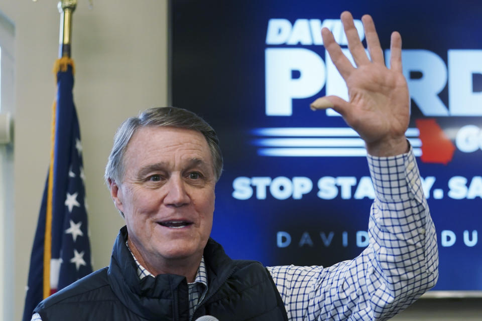 FILE - Republican candidate for Georgia Governor former Sen. David Perdue speaks at a campaign stop at the Covington airport, Feb. 2, 2022, in Covington, Ga. Gov. Kemp and Perdue will meet Sunday, April 24, 2022 for the first of three scheduled debates over the next eight days. The debates come as time grows short to persuade the many Georgia voters who will cast ballots ahead of election day May 24. (AP Photo/John Bazemore, file)