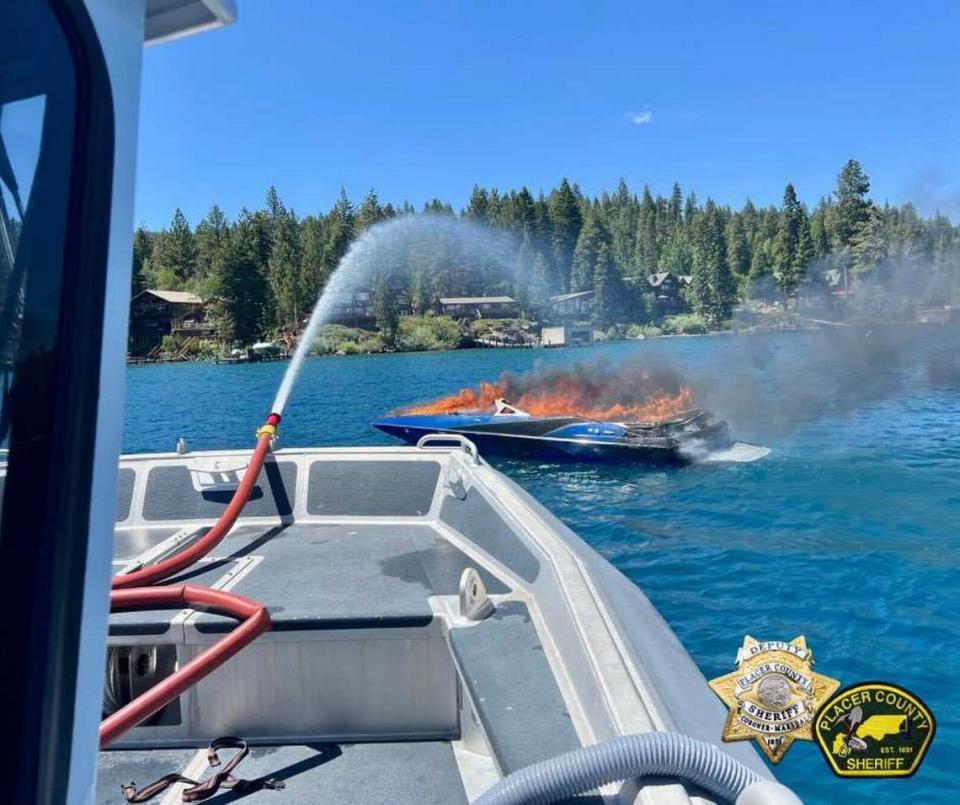 Six people were rescued from a boat Sunday, June 9, 2024, near Cedar Flats on Lake Tahoe after it caught fire and sank, the Placer County Sheriff’s Office said.